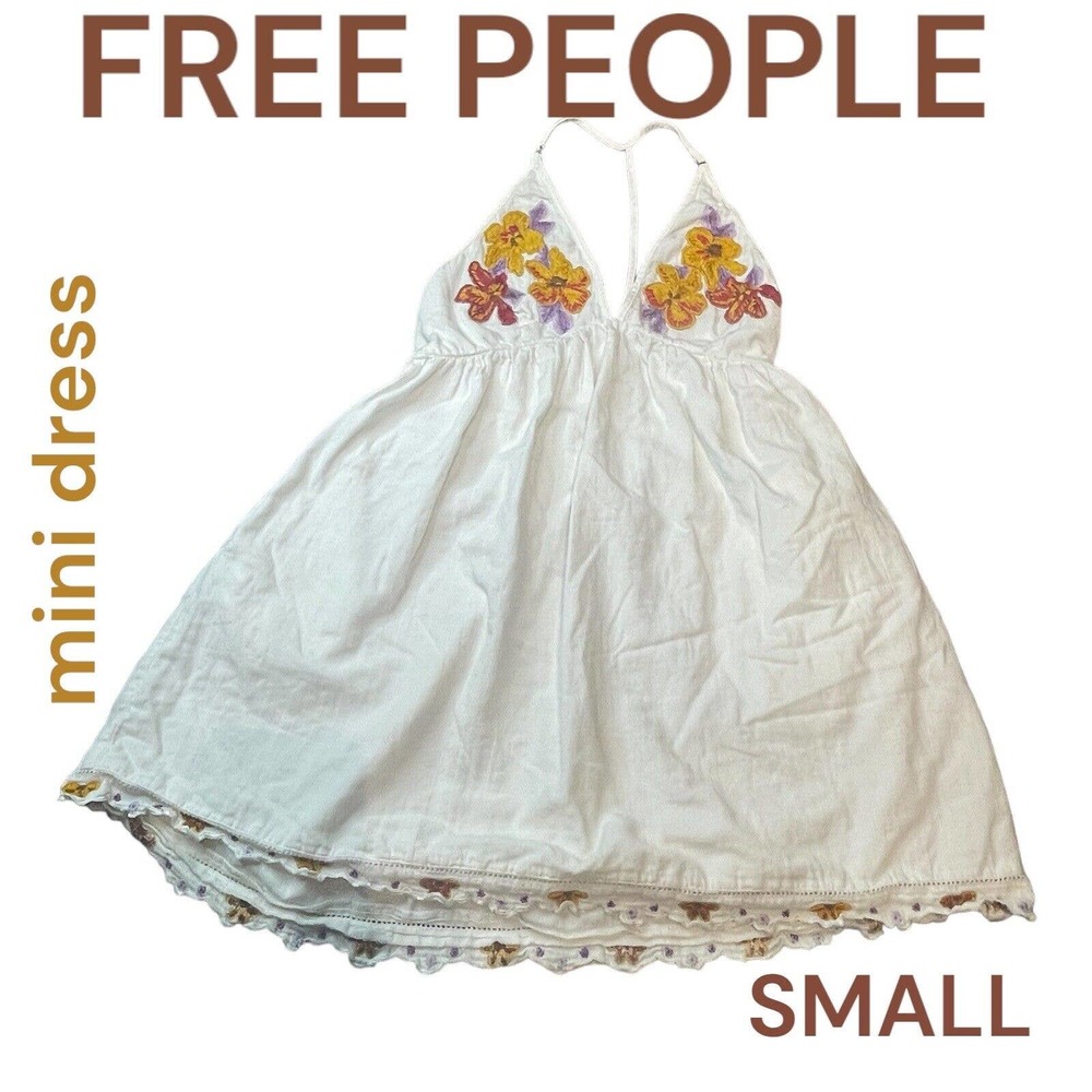 FREE PEOPLE WOMENS WHITE EMBROIDERED MINI DRESS SZ SMALL FLORAL BOHO HIPPIE SUN